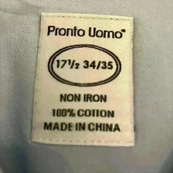 Pronto Uomo Dress Shirt Mens 17.5 / 34-35 Non Iron 100% Cotton Blue Solid‎ - Picture 5 of 5